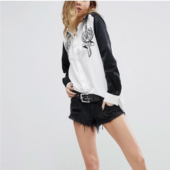 SACRED HAWK Tops - SACRED HAWK NO LUCK EMBROIDERED‎ SILKY SHIRT